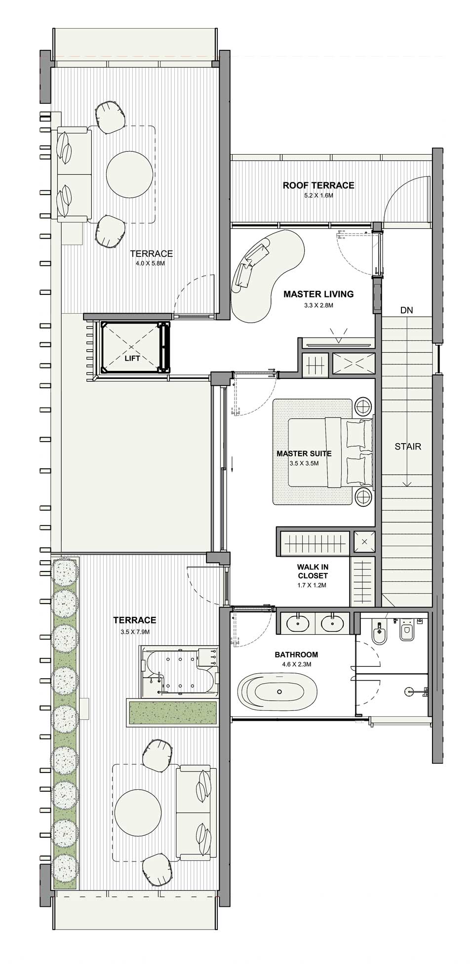 Extended terrace, 4 seater sofa seating area, master bedroom with attached balcony on the 2nd floor of 4bedroom villa in azizi florence