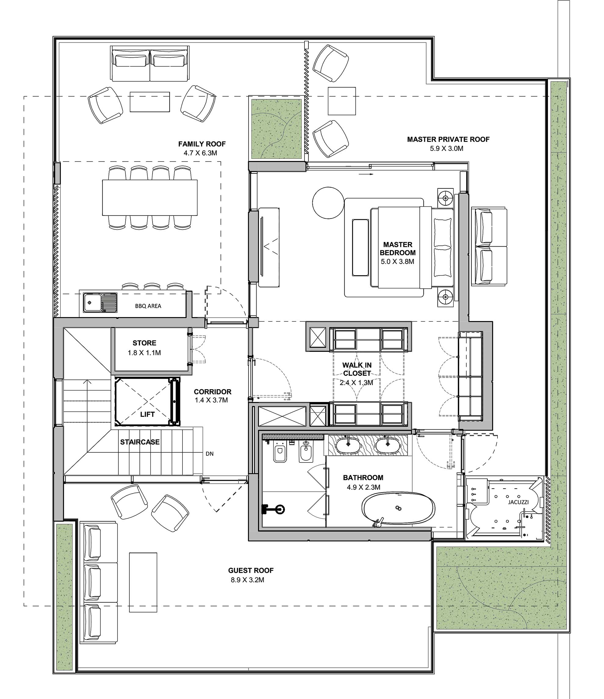 accommodates master bedroom with lounge area on the roof top for 6bedroom villa