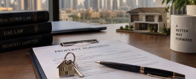 UAE property agreement, house keys and legal documents representing a property dispute settlement.