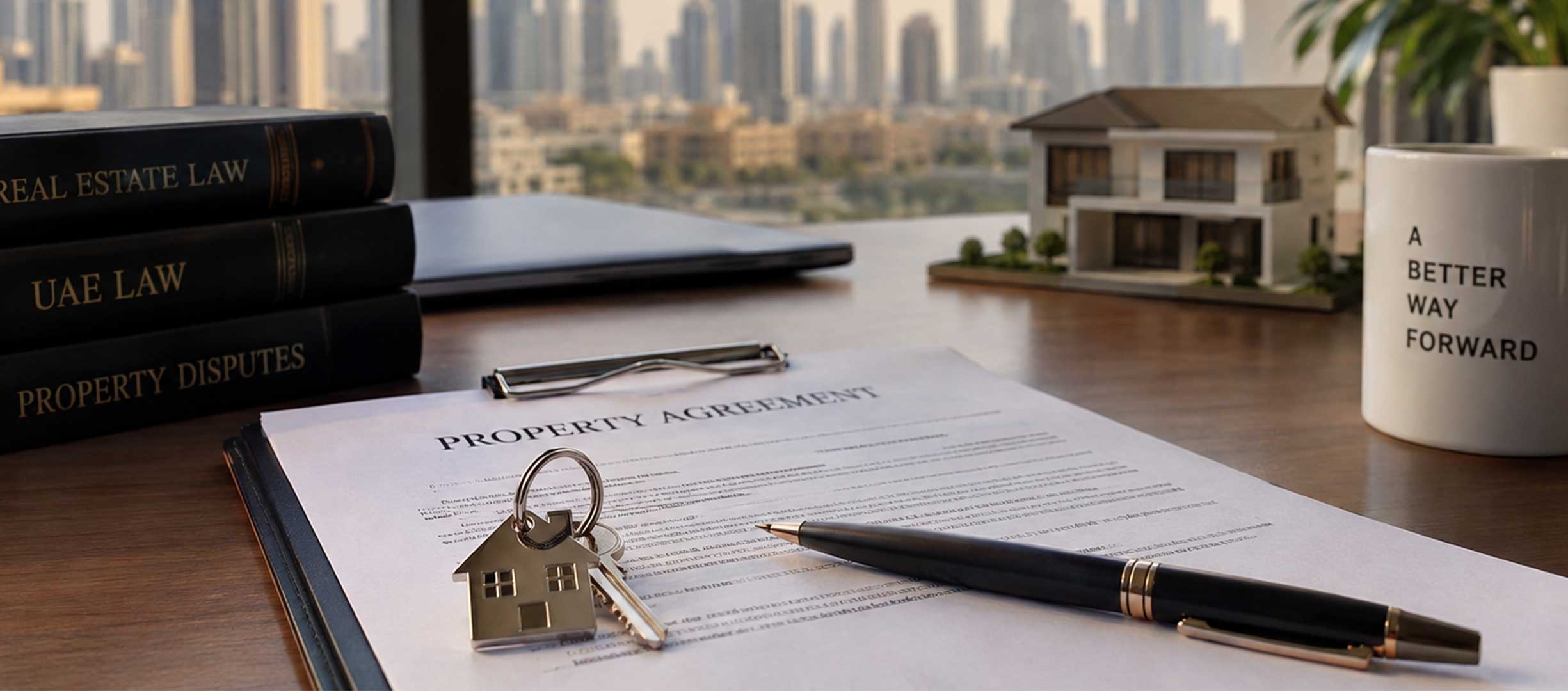 A-better-solution UAE property agreement, house keys and legal documents representing a property dispute settlement.