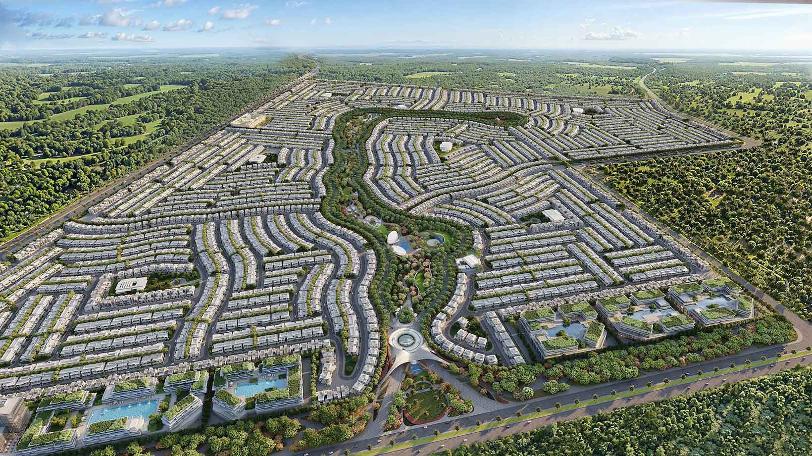 Aerialshot-azizi-florence-sharjah Aerial shot taken with all 6 phases shown of Azizi Florence