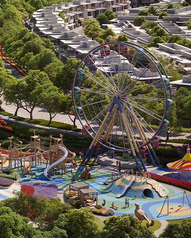 Azizi Bardini Park is approximately 1.66 million sq ft (1,657,418 sq ft) and runs about 1.95 km through the centre of the community, with 32 activity zones and 16 dining venues