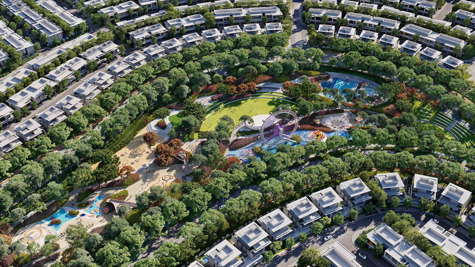 if you look closely, all the 5beds are overlooking the central amenities and connecting the central green spine