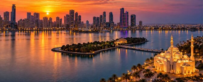 the shimmering night view with the potray of sharjah mosque and the skyline