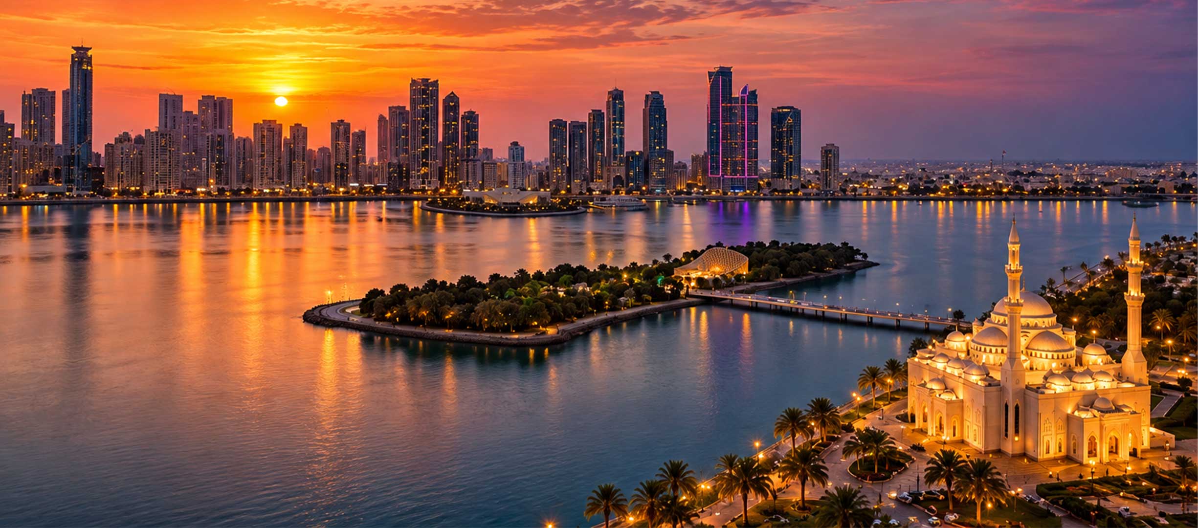 Skyline-view-sharjah the shimmering night view with the potray of sharjah mosque and the skyline