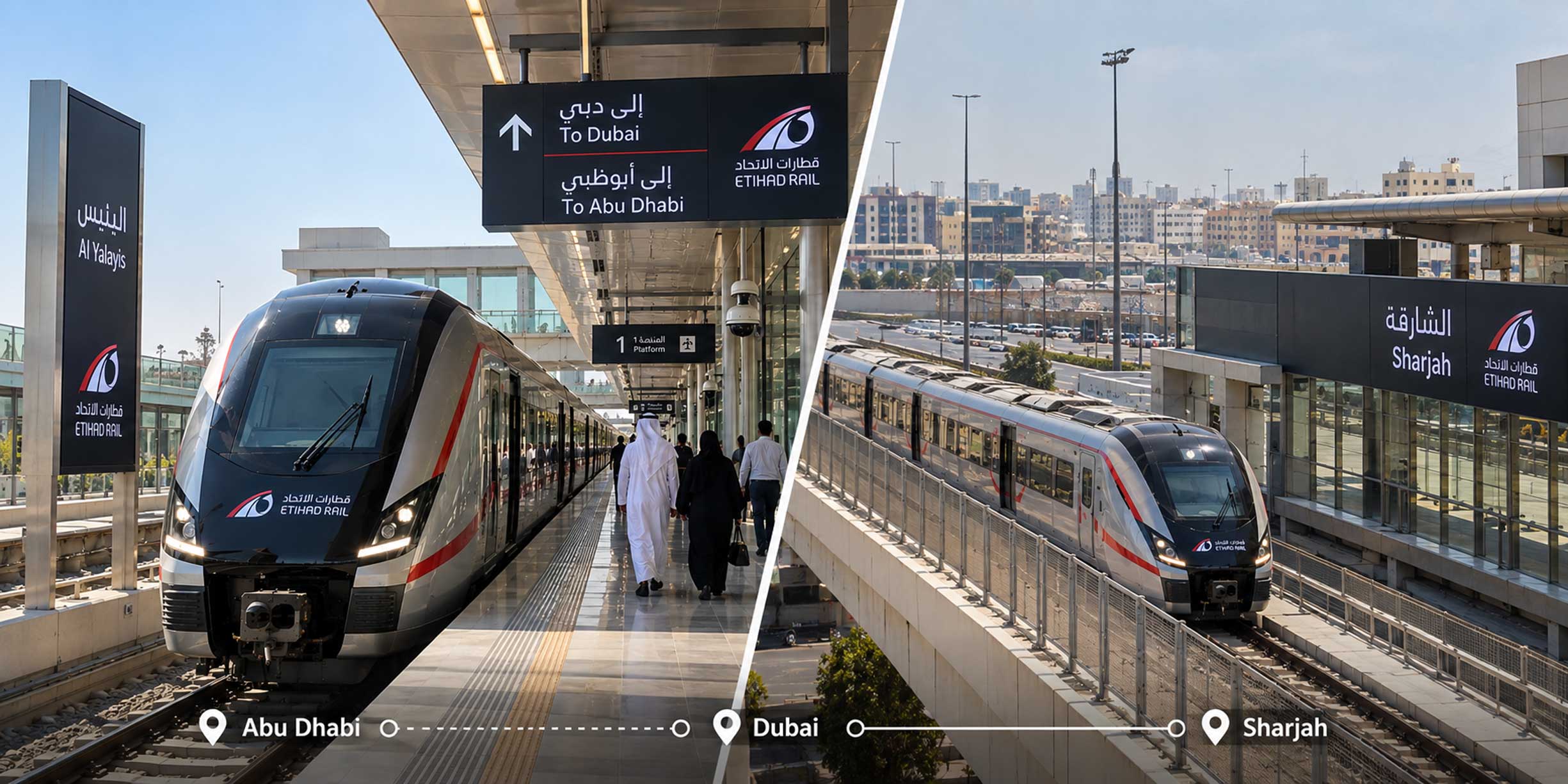Three-emirates-with-one-rail-network Connecting the UAE’s major cities by rail and turning everyday journeys between Abu Dhabi, Dubai and Sharjah into one connected network.