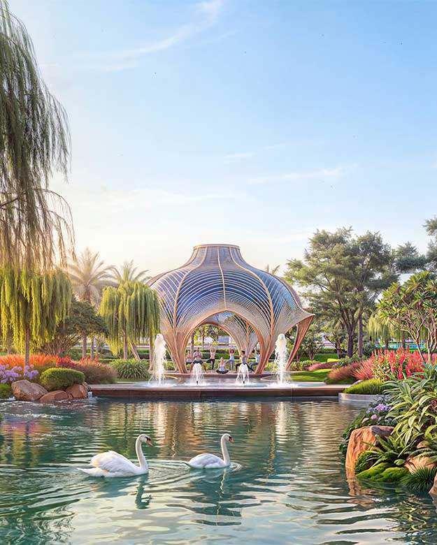 Ponds with ducks and around that are yoga section to relax and nurture in Azizi Florence in Zen Gardens